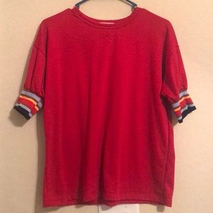 Red Tee with Rainbow Sleeves
